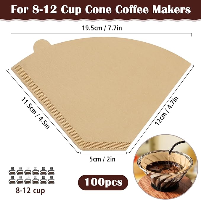 100 Count #4 Cone Coffee Filters 8-12 Cup, Natural Coffee Filters 4 Cone Paper fits for Pour Over and Drip Coffee Maker, Unbleached, Chlorine Free