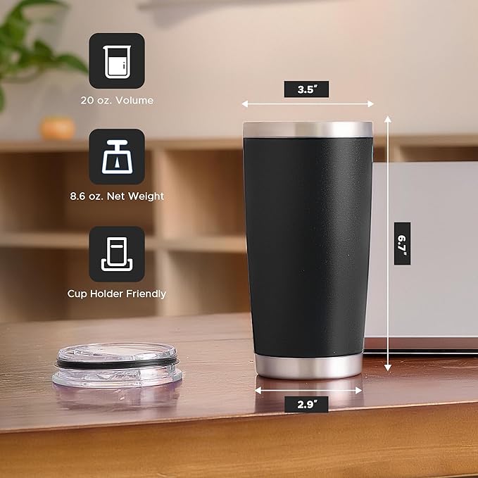 OMTech 20oz Tumblers Bulk, 6pc Stainless Steel Tumbler Set with Lid & Straw, Double Wall Vacuum Insulated Mug for Laser Engraver, Travel Coffee Mug for Hot & Cold Drinks, Black Powder Coated Cup
