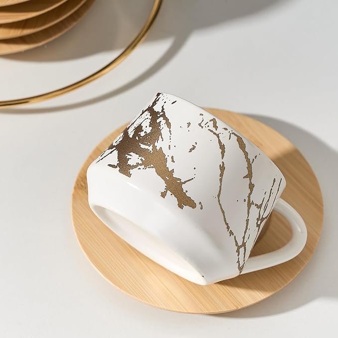 LUKA Ceramic Espresso Cups with Saucers and Metal Stand, Small 4 oz Porcelain Demitasse Cups Set of 6, Cute Cappuccino Coffee Cups for Double Espresso, Tea, Marbling White & Black