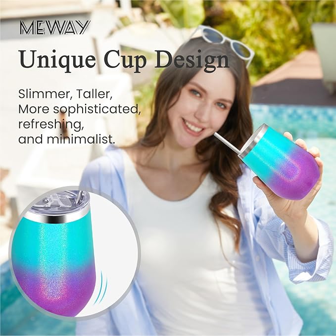 MEWAY Stainless Steel Wine Tumbler with Lid and Straw 12oz - Stemless Insulated Wine Cup Glass for Coffee,Cocktails,Champagne, and Office Use, Ideal for Parties and Gifts(Glitter Aurora,Set of 8)