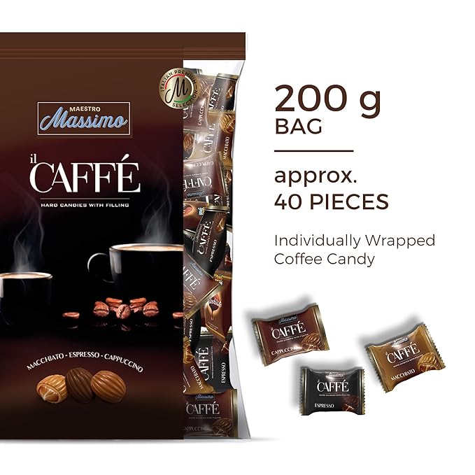 Maestro Massimo Coffee Candy with Center Filling, 3mg Caffeine per Candy, Individually Wrapped, Macchiato, Espresso, Cappuccino Flavored, 7.05 oz Bag - Pack of 1