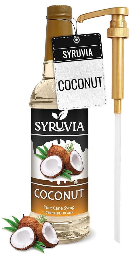 Syruvia Coffee Syrup, Coconut Flavored Syrup for Drinks, Lattes, and Desserts – 25.4 fl oz, With Pump