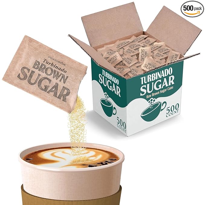 Bulk Sugar Packets, 500 Count - Individual Servings of Turbinado Sugar Packets for Coffee & Tea, Granulated Brown Raw Sugar Packs Great for Restaurants, Coffee Shops, Offices, and More