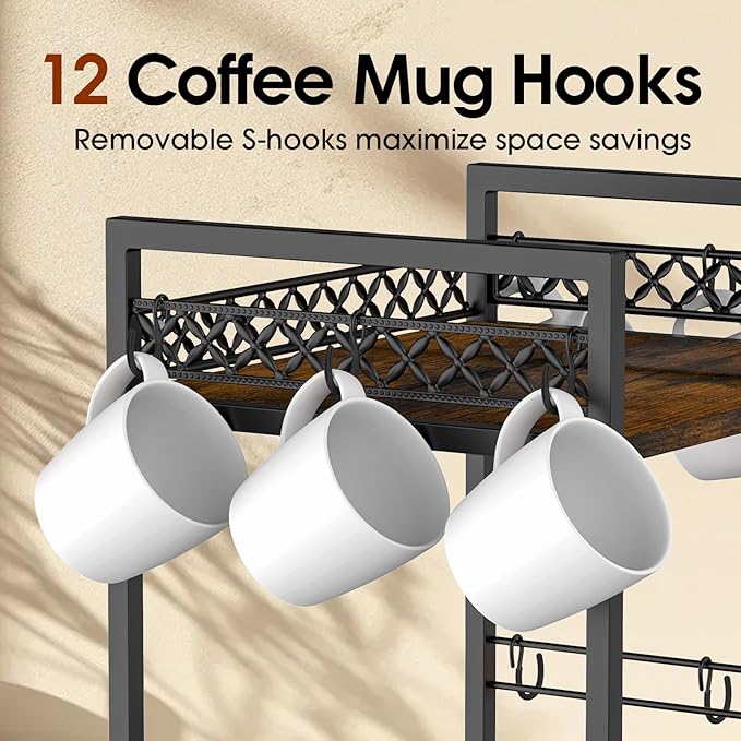 Coffee Bar Organizer Countertop, 2 Tier Mug Cup Holder Stand with 12 Hooks, 30 K Cup Coffee Pod Drawer with Mug Rack, Multifunctional Shelf Organizer for Accessories Station Kitchen (Brown)