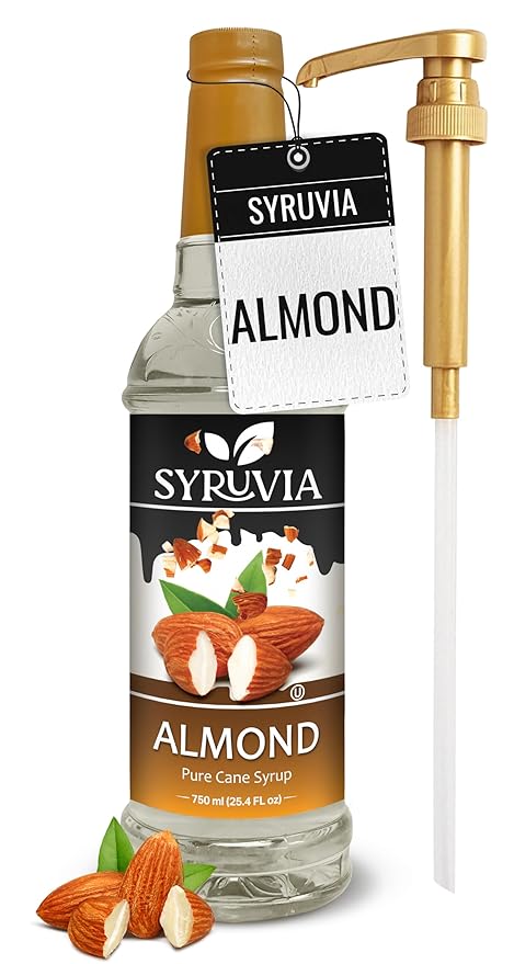 Syruvia Almond Coffee Syrup - 25.4 fl oz - Kosher Syrups, Gluten Free, No Coloring, Perfect for Drinks, Soda, Shakes, Desserts, and More With Pump