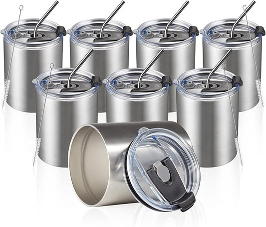 MEWAY 12oz/8Pack Coffee Mug With Lid, Insulated Stainless Steel Reusable Coffee Cup, Double Wall Durable Coffee Mug, Powder Coate，For Coffee, Beer, Home, Office(Silver,8 Pack)