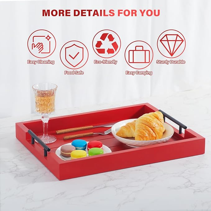 Ottoman Serving Tray | Decorative Coffee Table Tray with Handles – 17x13 Inch Wooden Tray with 4 Coasters for Breakfast, Kitchen & Bar