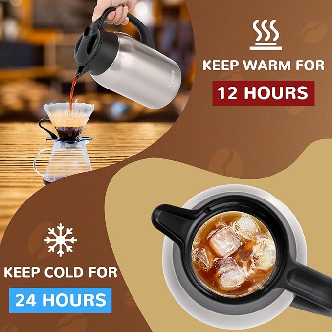 316Stainless Steel Coffee Carafe 84oz - 12 Hours Hot & 24 Hours Cold Large Capacity Coffee Server for Home/Office/Camping Silver