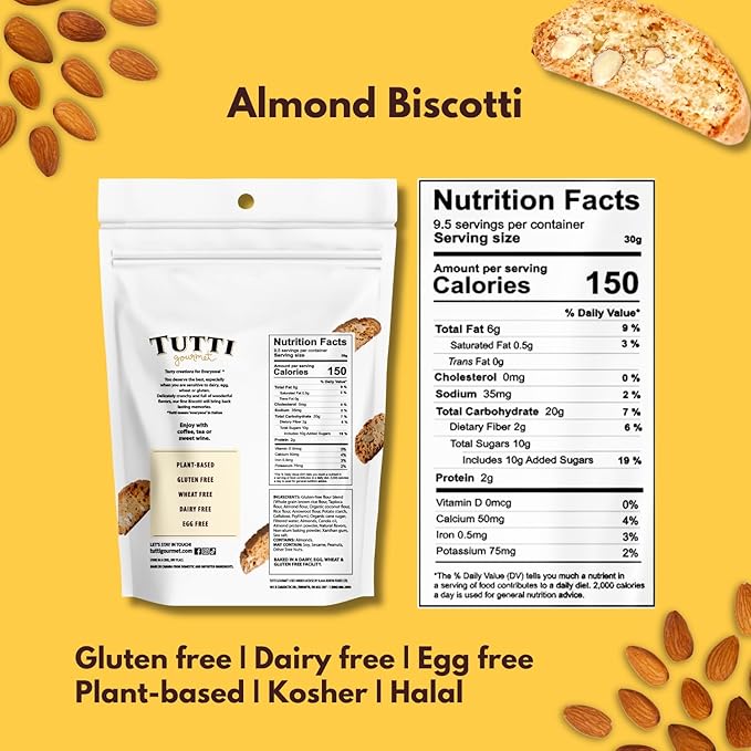 Tutti Gourmet Gluten Free Almond Biscotti, 9.9 oz (283g) Resealable Cookie Bag - Vegan and Halal Snacks