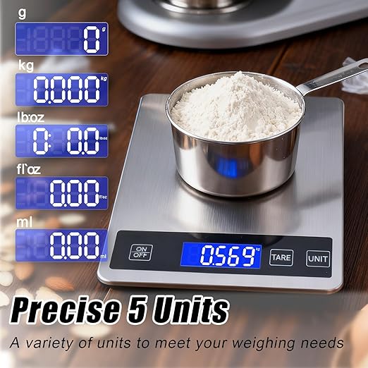Food Kitchen Scale, 33lb Digital Food Scale Precisely Measures Grams and Ounces for Baking and Cooking, Rechargeable 304 Stainless Steel Kitchen Scale for Food with LCD Display, Batteries Included