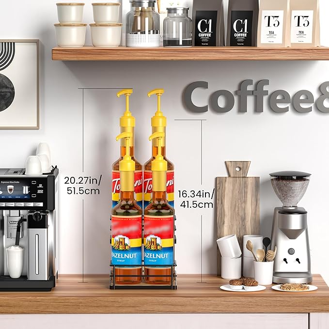 THYGIFTREE Coffee Syrup Rack Organizer 4 Bottle Syrup Holder Stand 2-Tier Storage Shelves for Kitchen Coffee Bar Station