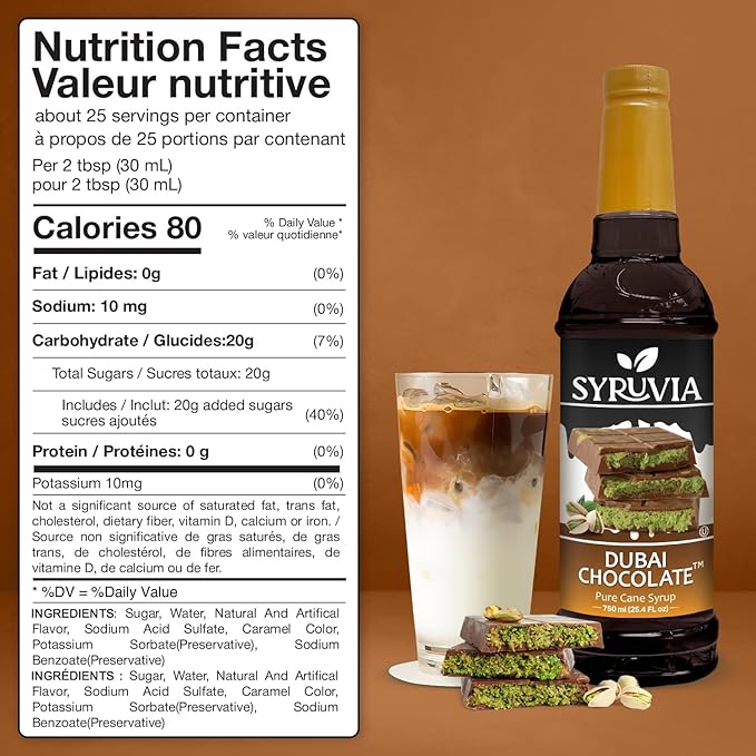 Syruvia Dubai Chocolate Coffee Syrup - 25.4 fl oz - Kosher Syrups, Gluten Free, No Coloring, Perfect for Drinks, Soda, Shakes, Desserts, and More With Pump