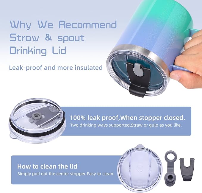 Volhoply 12oz Insulated Leakproof Coffee Mug with Flip & Straw Lid,Double Wall Vacuum Stainless Steel Travel Tumbler Cup with Handle,Reusable Camping Mugs Keep Cold/Hot(Purple Green,1 Set)