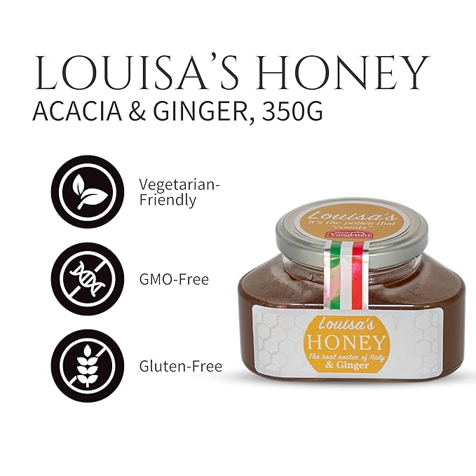 Louisa's Acacia Ginger Honey | Multi-Award-Winning Italian Raw & Pure Honey | Natural Root Ginger Infusion | GMO, Gluten & Allergen Free | Immune Boosting | 350g