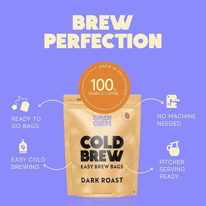 Birch Glen Roasters Cold Brew Coffee Bags - 12 Pack of Coarse Ground Coffee Filter Pitcher Packs for Easy Brewing - 100% Arabica - Yields 6 Pitchers - French Vanilla Flavor