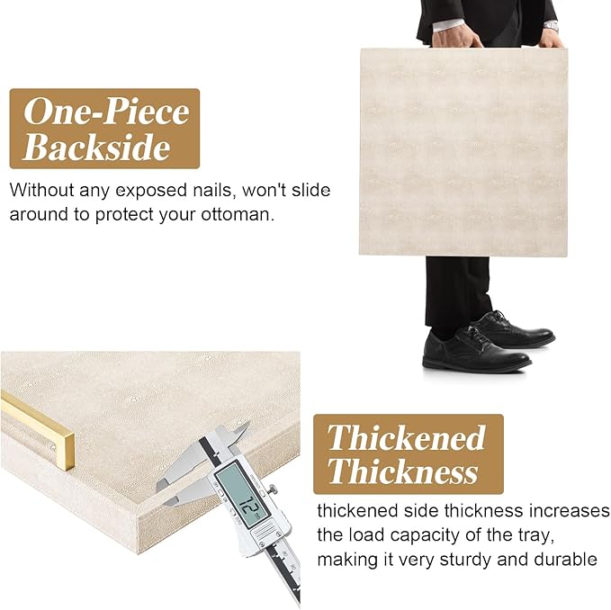 Large Ottoman Tray for Coffee Table,Square Shagreen Leather Decorative Tray with Gold Handles for Living Room Decor