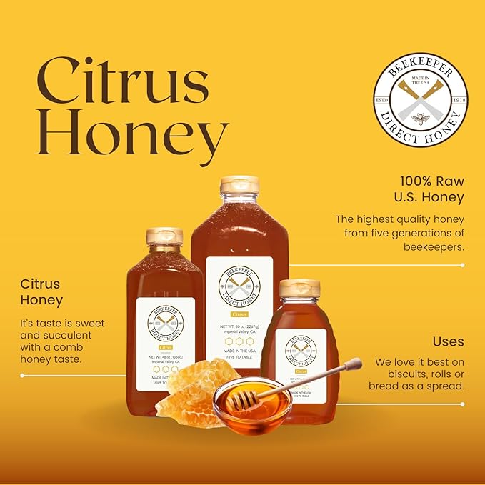 Beekeeper Direct Raw Unfiltered Honey - Real Raw Citrus Honey - All Natural Non-GMO Pure Gourmet Honey - Local California Orange, Grapefruit, and Lemon Honey (1lbs Squeeze Bottle)