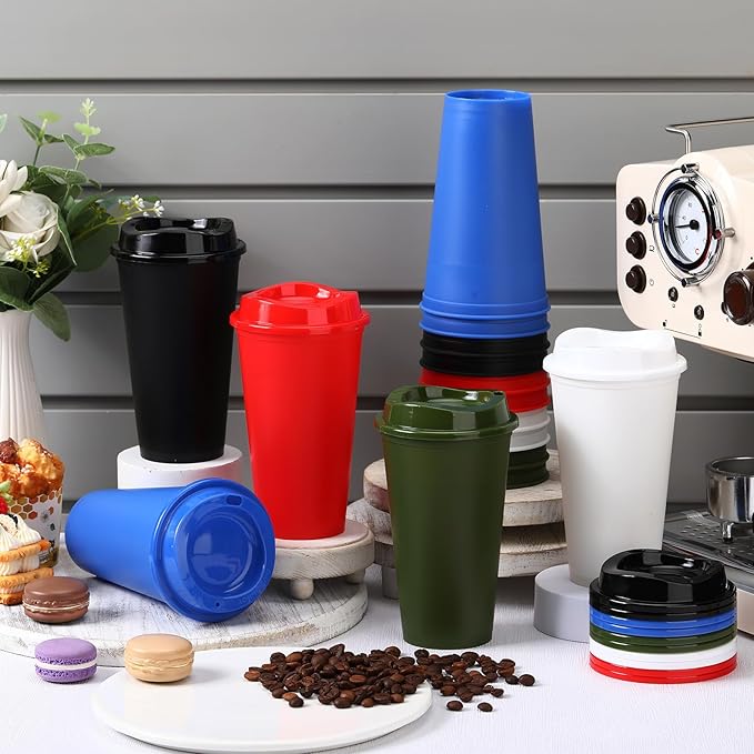Domensi 15 Pack Reusable Coffee Cups with Lids 16 oz Disposable Travel Cups Bulk Plastic to Go Coffee Tumblers for DIY Hot Cold Drink Party Favors Coworker, Microwaveable (Classic Color)