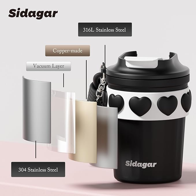 12 oz Travel Coffee Mug Spill Proof Leak Proof, Stainless Steel Thermal Coffee Cup with Lid, Resuable Cup for Hot and Cold, Portable Tumbler for Women, Black