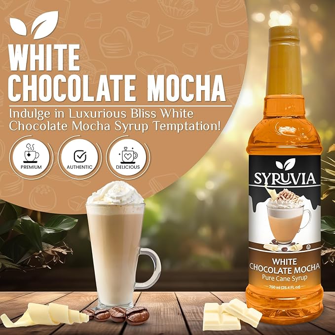 Syruvia White Chocolate Mocha Coffee Syrup - 25.4 fl oz -No Coloring, Perfect for Drinks, Soda, Shakes, Desserts, and More With Pump