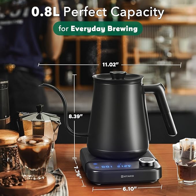 Electric Kettle, HIYAKOI Gooseneck Electric Kettle with Temperature Control, Pour Over Kettle for Coffee & Tea, 1200W Quick Heating Stainless Steel Hot Water Kettle Electric, Keep Warm, 0.8L