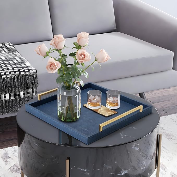Large Navy Blue Decorative Tray for Ottoman,Stylish Rectangle Coffee Table Tray with Handles,Versatile Serving Tray for Living Room and Home Decor