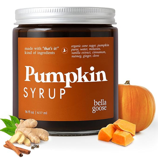 Bella Goose Pumpkin Syrup (16oz) - Homemade Pure Cane Sugar Syrup for Lattes, Matcha, Desserts & Ice Cream - Clean Ingredient - No Artificial Flavors, Dyes or Preservatives - Syrups for Coffee Drinks