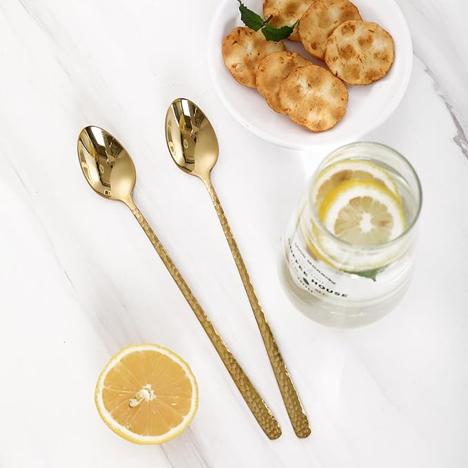 8.4-Inch Hammered Golden Ice Tea Spoons - Long Handle for Coffee, Ice Cream, Cocktail Stirring - Stainless Steel Set of 8