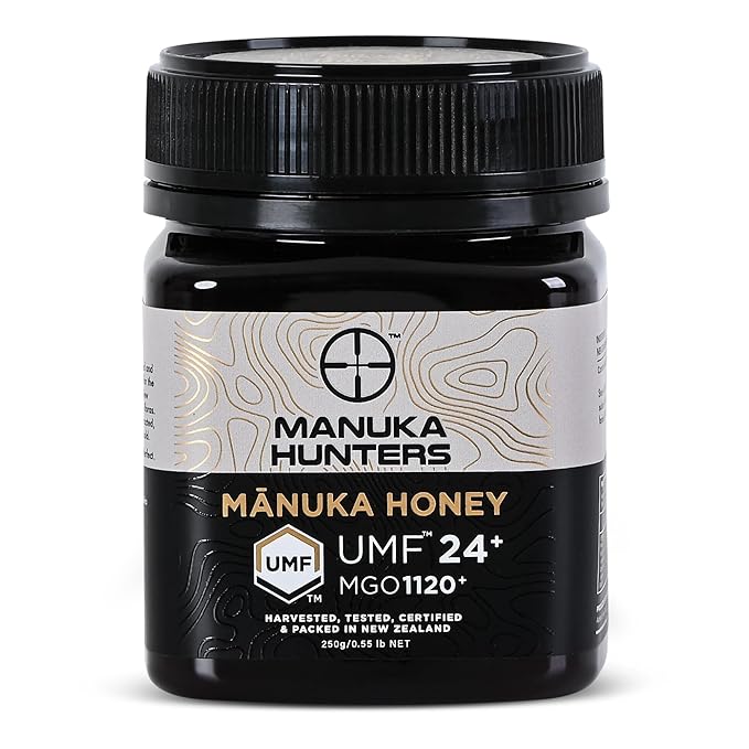 Manuka Hunters UMF 24+/MGO 1120+ Certified New Zealand Manuka Honey - 100% Pure Natural Sweetener - Gluten, Dairy Free - Ideal for Tea, Coffee, Smoothies, and Baking - Sustainable - 8.8oz/250g Jar
