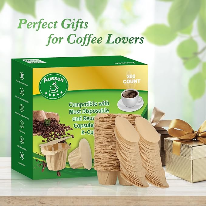 Aussen Disposable Coffee Paper Filters Replacement Kerig Filter Fit All Keurig Single Serve Filter Brands Compatible with Reusable Single Serve Pods Keurig Coffee Maker (Natural with Lid, 300pcs)
