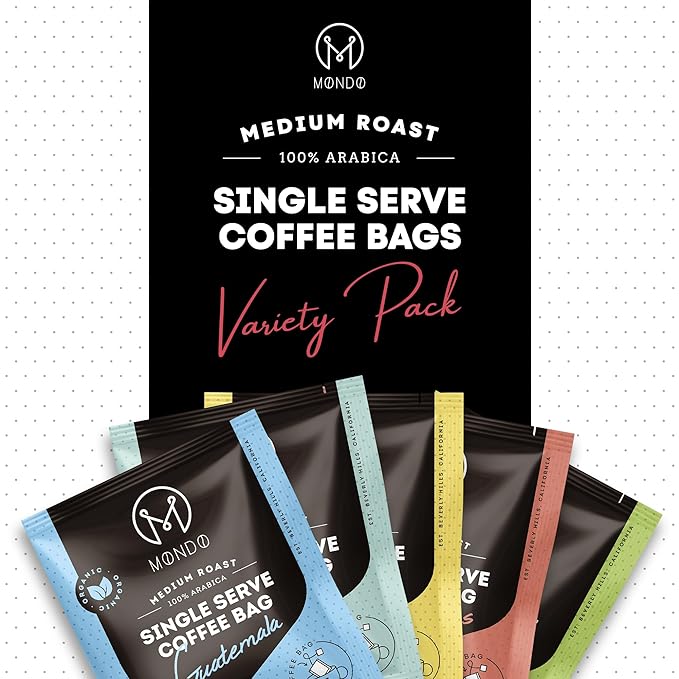 Mondo Single Serve Coffee Bags (20 Cups) Variety Pack - Organic, Medium Roast - Disposable, Portable Coffee Filters for Camping and Travel, Sampler Box of 5 Ground Coffee Flavors