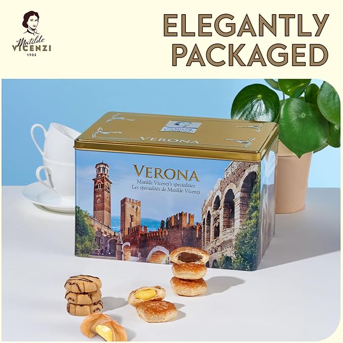 Matilde Vicenzi Verona Gift Tin - Assortment of Italian Pastries and Cookies - Gourmet Gifts For Thanksgiving & Christmas - Assorted Cookies in Italian Design Tin 32oz (907g)