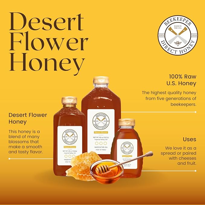 Beekeeper Direct Raw Unfiltered Honey - Real Raw Desert Flower Honey - All Natural Non-GMO Pure Gourmet Honey - Local California Sonora Desert Blossom Honey (3lbs Squeeze Bottle)