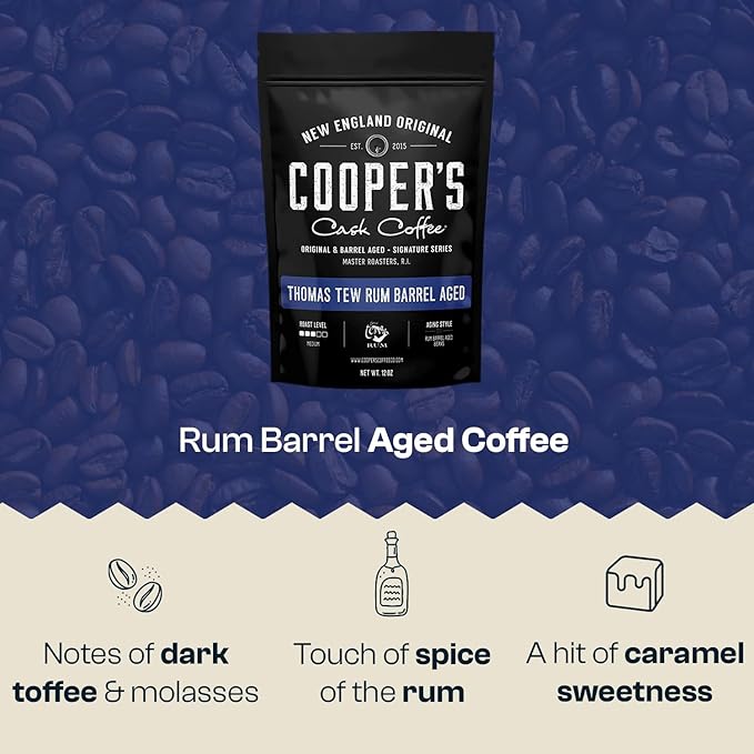 Rum Barrel Aged Coffee, Single-Origin Rwandan Beans Aged in Rum Barrels, Medium Roast Whole Bean, 12 oz