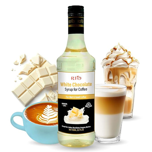 RIO White Chocolate Flavoring Coffee Syrup Perfect for Hot or Iced Drinks and Desserts Classic White Chocolate and Coffee Combo, Sweetened with Pure Cane Sugar, Barista-Grade  Flavor Syrups For Coffee Drinks at Home & Work - 700ml
