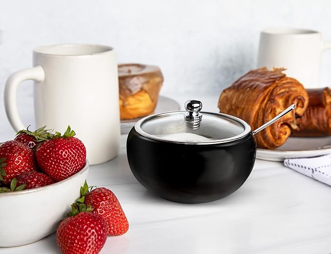 KooK Sugar Bowl, Sugar Bowl with Lid and Spoon, Sugar Container with Lid, for Salt, Coffee, Holds 2 Cups, Dishwasher Safe, Matte Black, 16 Oz