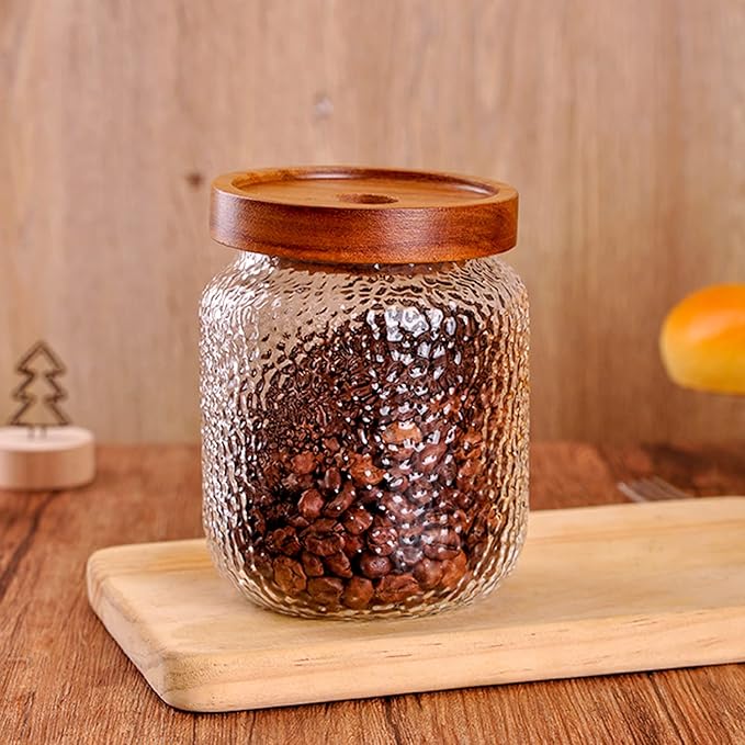 WHJY Glass Storage Container with Lid, Airtight Glass Jars, Farmhouse Tea Canister, Dog Treat Jar for Pet, Irregularity Texture Glass Candy Cookies Coffee Canister Jar Bath salt Container - 17oz
