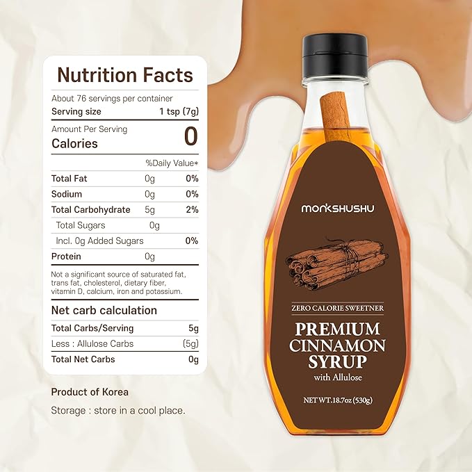 MONKSHUSHU Premium Cinnamon Allulose Syrup 18.7 Fl Oz - Liquid Sweetener for coffee and other drinks - Keto Diet, Vegan, Diabetes-Safe - Zero Calorie Sugar Substitute - Monk Fruit - Gluten Free