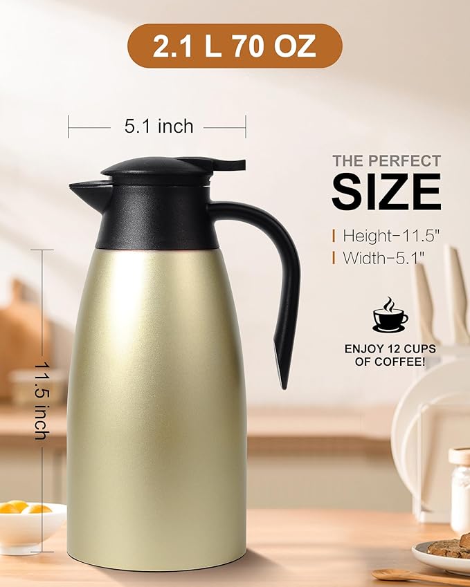 70 OZ Updated Thermal Coffee Carafe for keeping hot, 2 PCS Carafe for hot liquid, Insulated Stainless Steel Vacuum Thermal Pot for Coffee, Hot Water,Keep Hot 12 Hours (Gold+Gold)