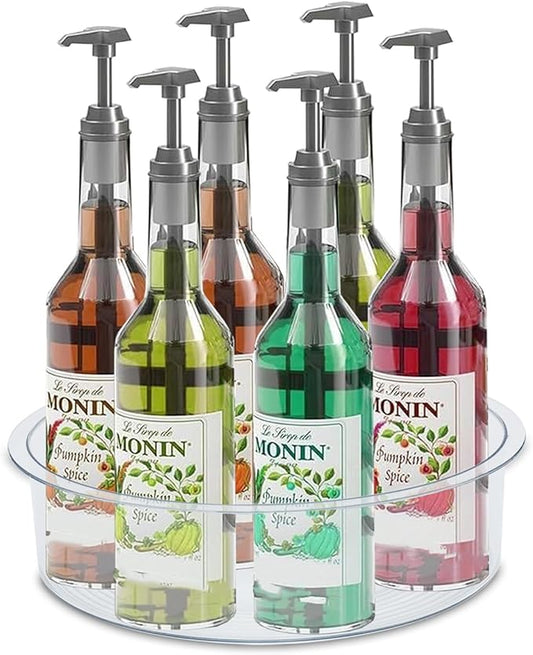 Rotating Coffee Syrup Organizer,7 Bottle Syrup Rack,Small Wine Rack for Coffee Bar,Clear Plastic Spinning Display Stand for Syrup Wine Dressin