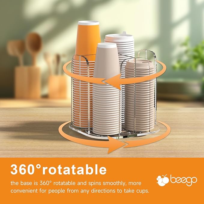 Beego Rotatable 4-Compartment Acrylic Cup Dispenser - Coffee Station Cup and Lid Carousel Countertop Plastic Cup Holder for Restaurant Breakroom Coffee Bar