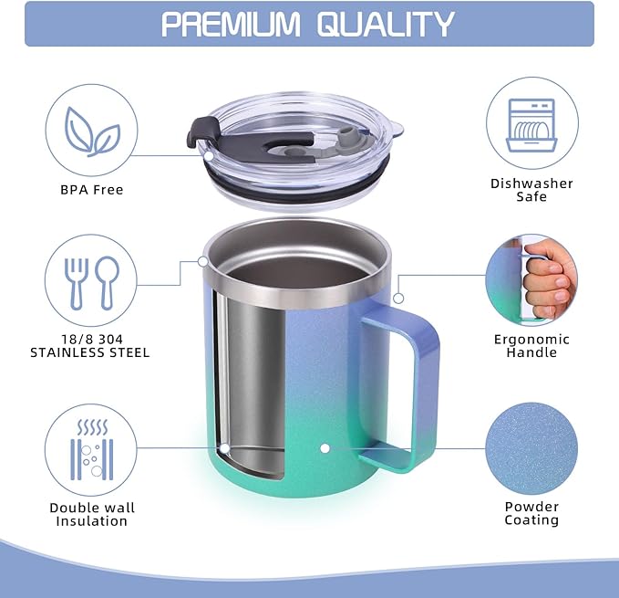 Volhoply 12oz Insulated Leakproof Coffee Mug with Flip & Straw Lid Bulk 4 Pack,Double Wall Vacuum Stainless Steel Travel Tumbler Cup with Handle,Camping Keep Cold/Hot(Purple Green,4 Set)