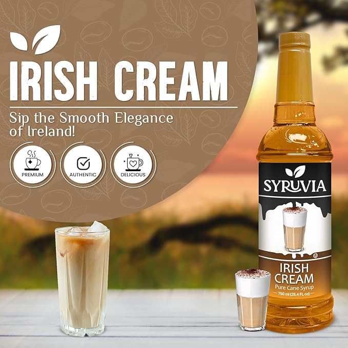 Syruvia Coffee Syrup, Irish Cream Flavored Syrup for Drinks, Lattes, and Desserts – 25.4 fl oz, With Pump