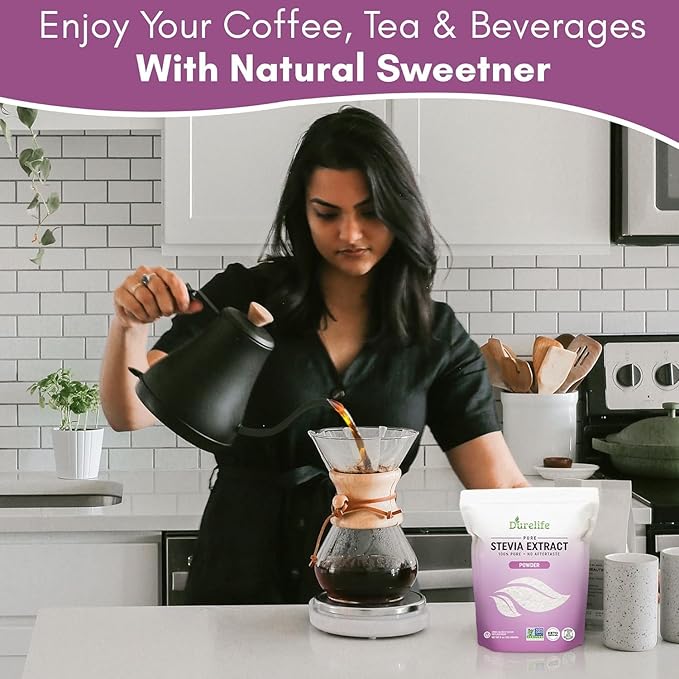 Durelife 100% Pure stevia extract sweetener | No Erythritol, NON-GMO Project Verified, No Fillers, Zero Calorie Sugar Substitute | No Aftertaste | Micro-Spoon Included (16 Ounce (Pack of 1))