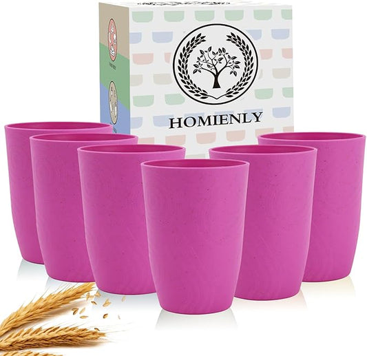 Homienly Wheat Straw Cups 6 PCS Plastic Cups Reusable Unbreakable Drinking Cup Alternative Plastic Cups Plastic Stackable Water Tumblers Dishwasher Safe Water Glasses (16 OZ,Pink)