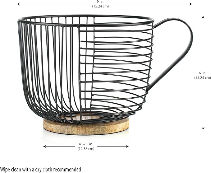 Coffee Pod Holder - Large Capacity Black Wire K Cup Storage with Wooden Base - Modern Coffee Basket Decor for Kitchen Countertop for Keurig Kcups & Espresso Capsules