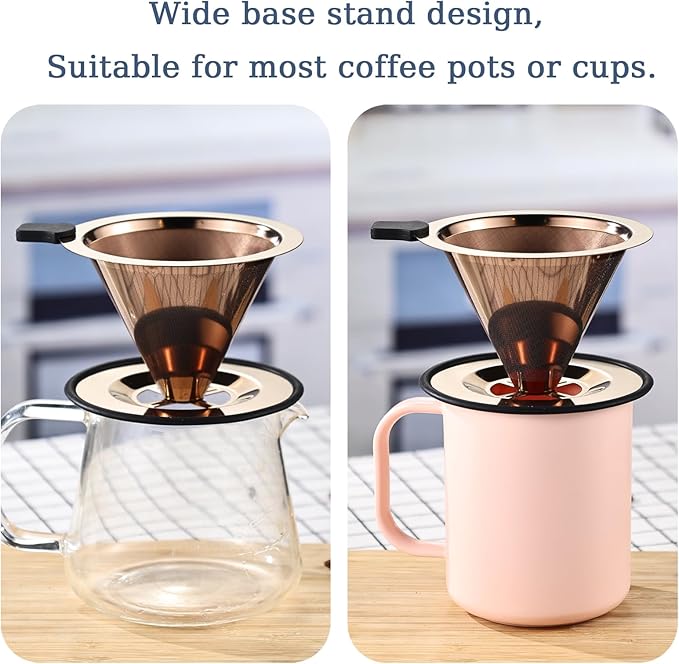 Small Size Pour Over Coffee Dripper, Stainless Steel Metal Cone Drip Coffee Filter, Paperless and Permanently Reusable, Double Mesh Coffee,TeaFilter for 1-2 Cups