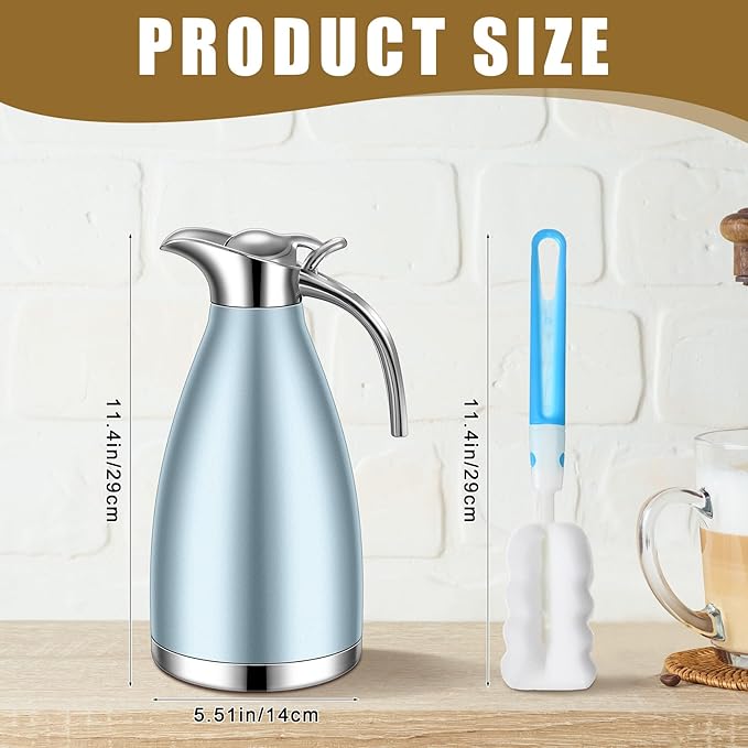 Uiifan 2 Pcs 68 oz Thermal Coffee Carafe Insulated Stainless Steel Coffee Carafe for Hot Liquids Vacuum Thermal Pot Creamer Dispenser with Brushes Keeping Hot Tea Milk Water(Khaki Blue)