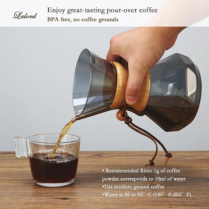 Pour Over Coffee Maker with Stainless Steel Filter, 20 oz Borosilicate Glass Coffee Carafe, Wooden Collar, Coffee Maker Carafe, Hold 3-4 Cups, 600 ml, Gray