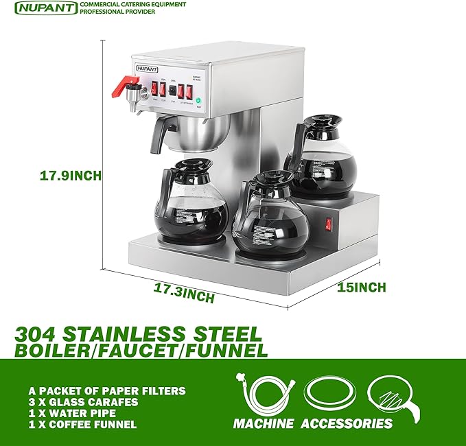 12 Cup Commercial Coffee Maker Auto Filling Drip Coffee Maker Machine with 3 Glass Carafes 3 Warmers Stainless Steel Pour Over Coffee Brewer with Hot Water Dispenser for Restaurant Office Cafe